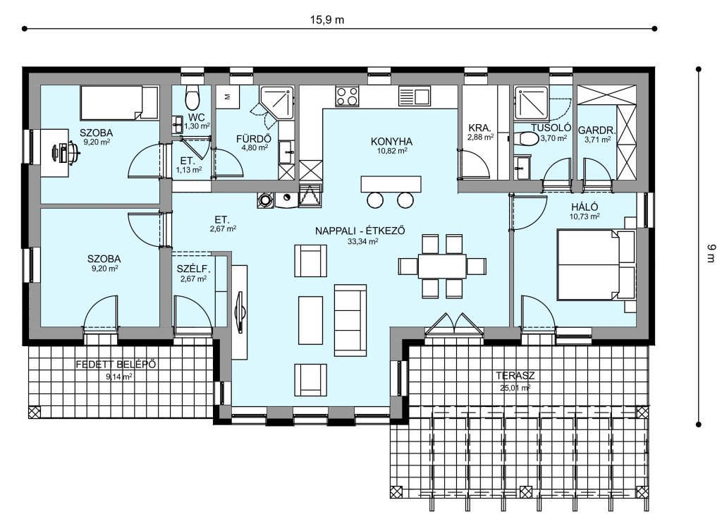 Black-lined floor plan with labeled rooms, kitchen zone and terrace outline.
