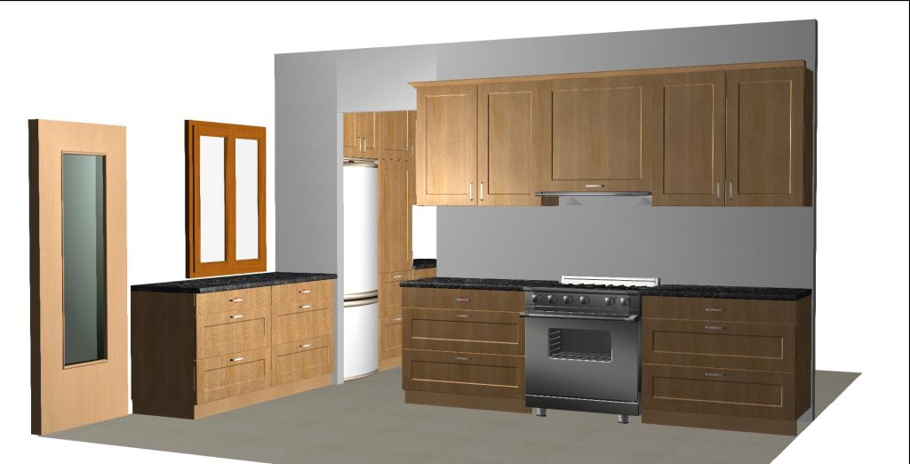 Linear kitchen render with a long wood run, island and tall appliance bank.