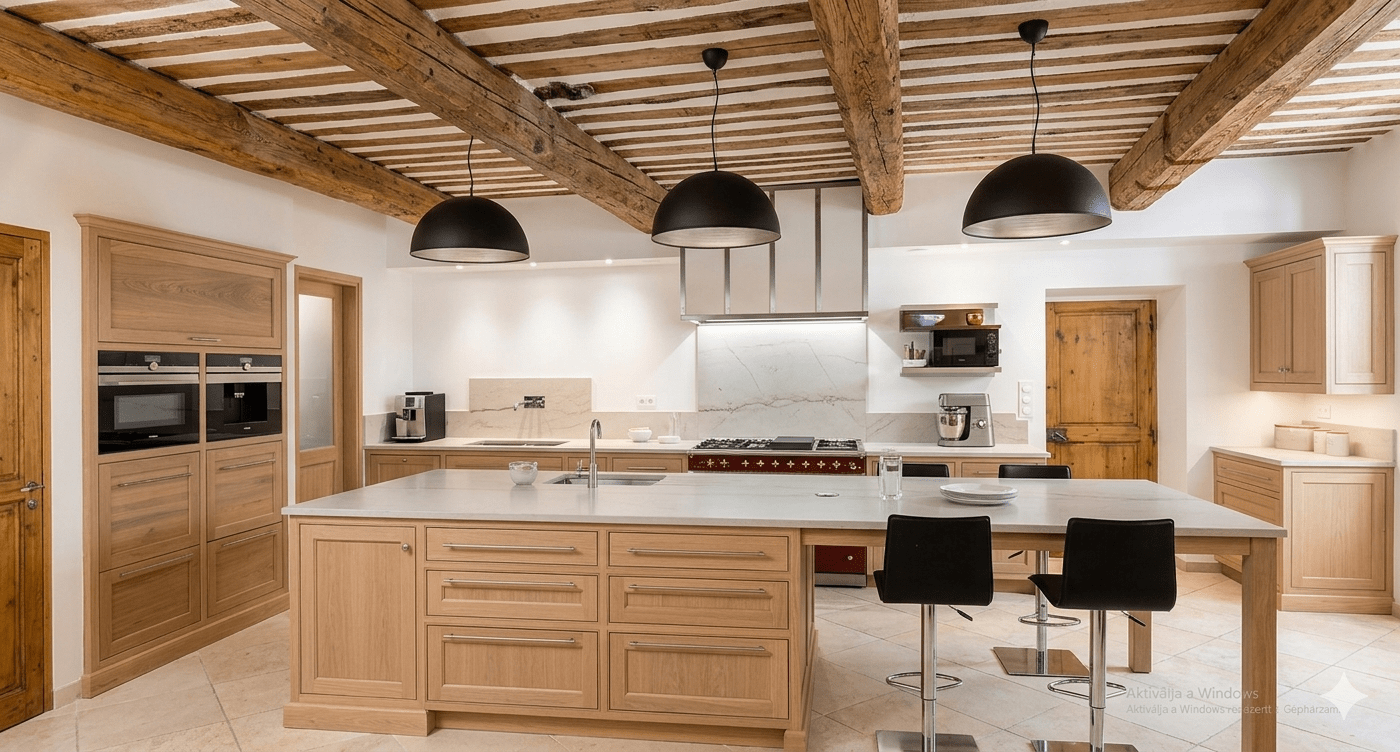 Pale blue-gray kitchen with dark range.