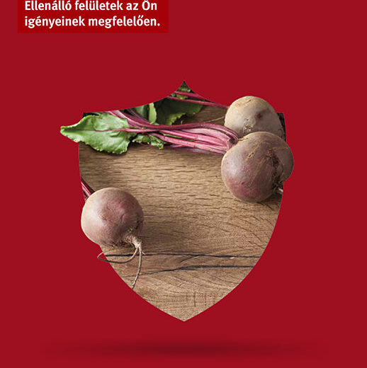 Red graphic with wooden bowl of vegetables and a short white headline.