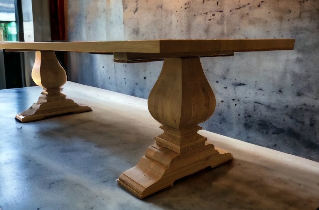 Side view of table with turned pedestals.