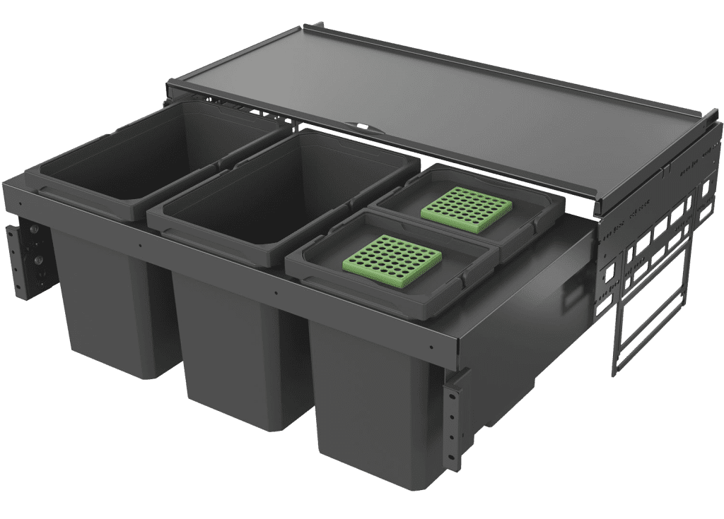 Dark rendered recycling bin with three compartments and colored sorting labels.
