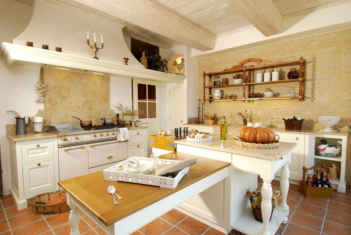 Warm wood kitchen with island and patterned backsplash.