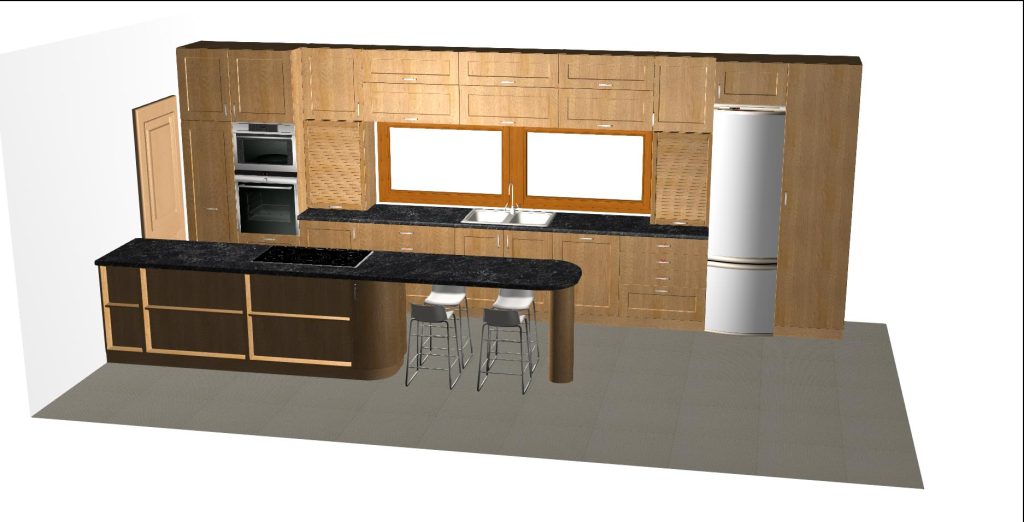 Wide kitchen elevation render with wood cabinets, island and tall refrigerator.