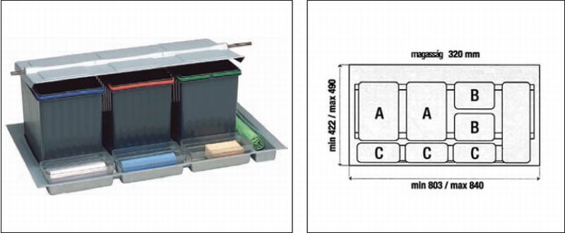 Diagram of gray waste bin with dimensions.