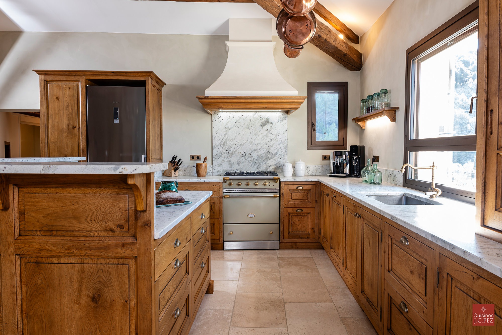 Wood kitchen with black-and-white range.