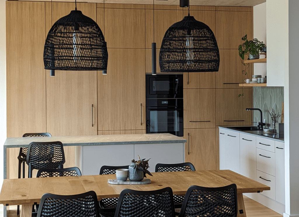 Wood-fronted kitchen with two black woven pendant shades over the island.