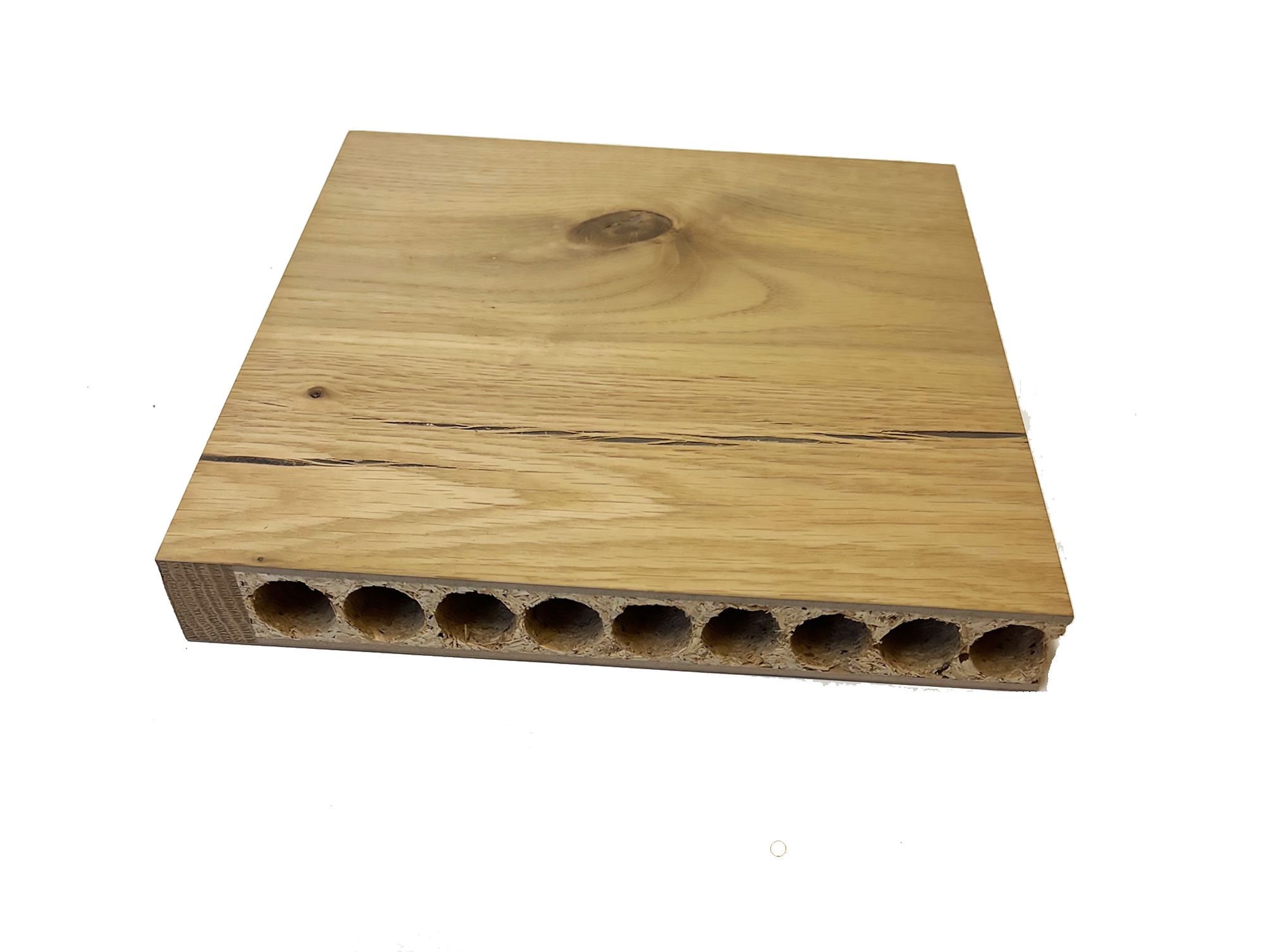Thick wood panel cutaway with round voids visible along the lower edge.