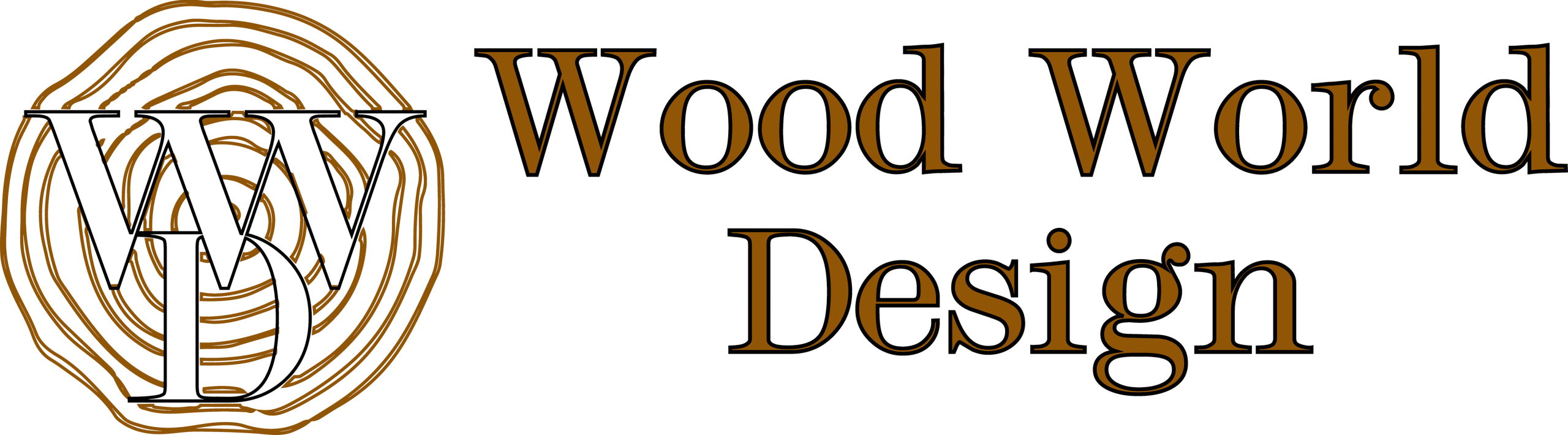 Black horizontal logo panel with gold wood-ring emblem and gold lettering.
